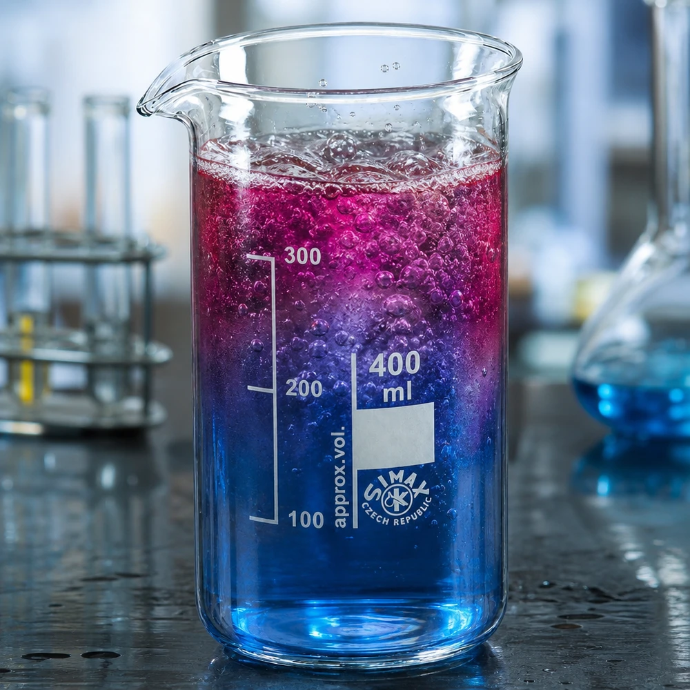 Bécher 400ml en verre borosilicate résistant à la chaleur (forme haute) Bécher de 400 ml, forme haute, contenant un mélange réactionnel dont la couleur passe du bleu au rose