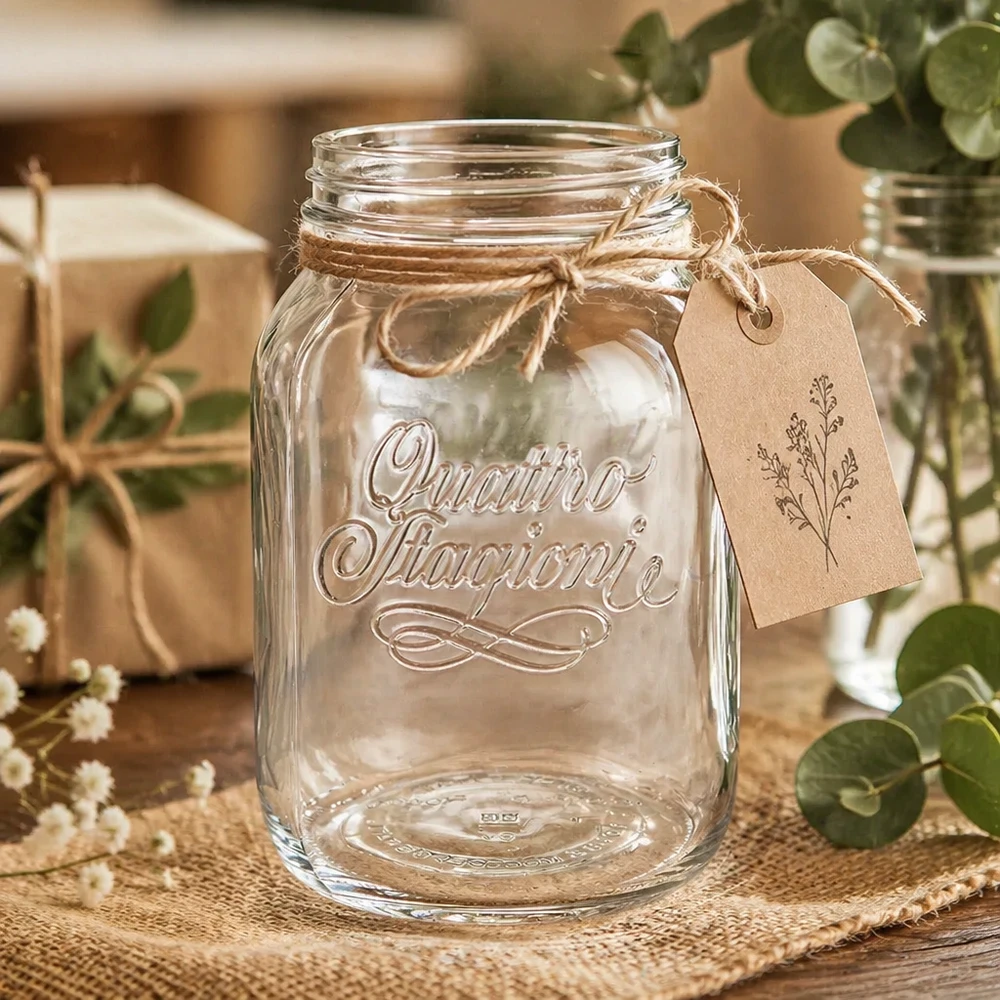 3000ml Verre rond "Quattro Stagioni" QS110mm 3000ml Quattro Stagioni Verre de ménage avec corde de jute et pendentif sur table rustique en bois avec décoration
