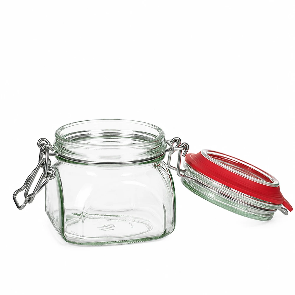 Bocal de conservation de 370 ml, type G, avec bouchon à clip UN.. Pot à conserves carré de 370 ml avec fermeture pratique à étrier en verre transparent