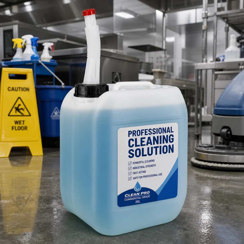 Bidon 5 litres avec tuyau d'écoulement Flex Bidon bleu de 5 litres pour produit nettoyant, muni d'un bec verseur flexible et d'un bouchon rouge