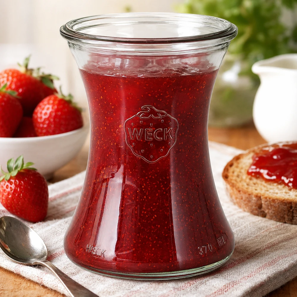 Bocal WECK RR80 de 370 ml WECK Pot de délicatesse 370ml RR80 rempli de confiture de fraises rouges dans un cadre confortable pour le petit déjeuner avec des toasts