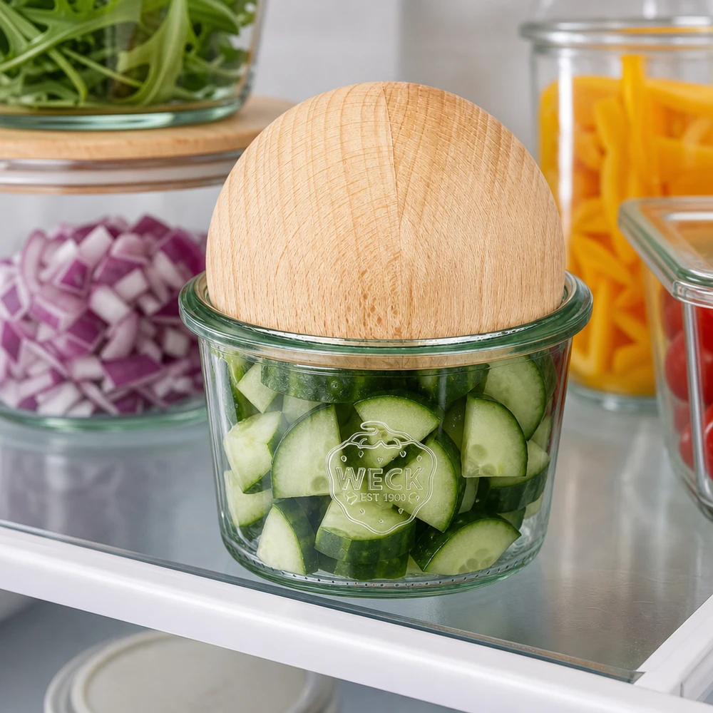 80ml bocal conique WECK RR60 avec boule en bois en hêtre WECK Pot renversé 80ml RR60 avec couvercle en forme de boule en hêtre dans le réfrigérateur avec des cornichons coupés pour conserver la fraîcheur