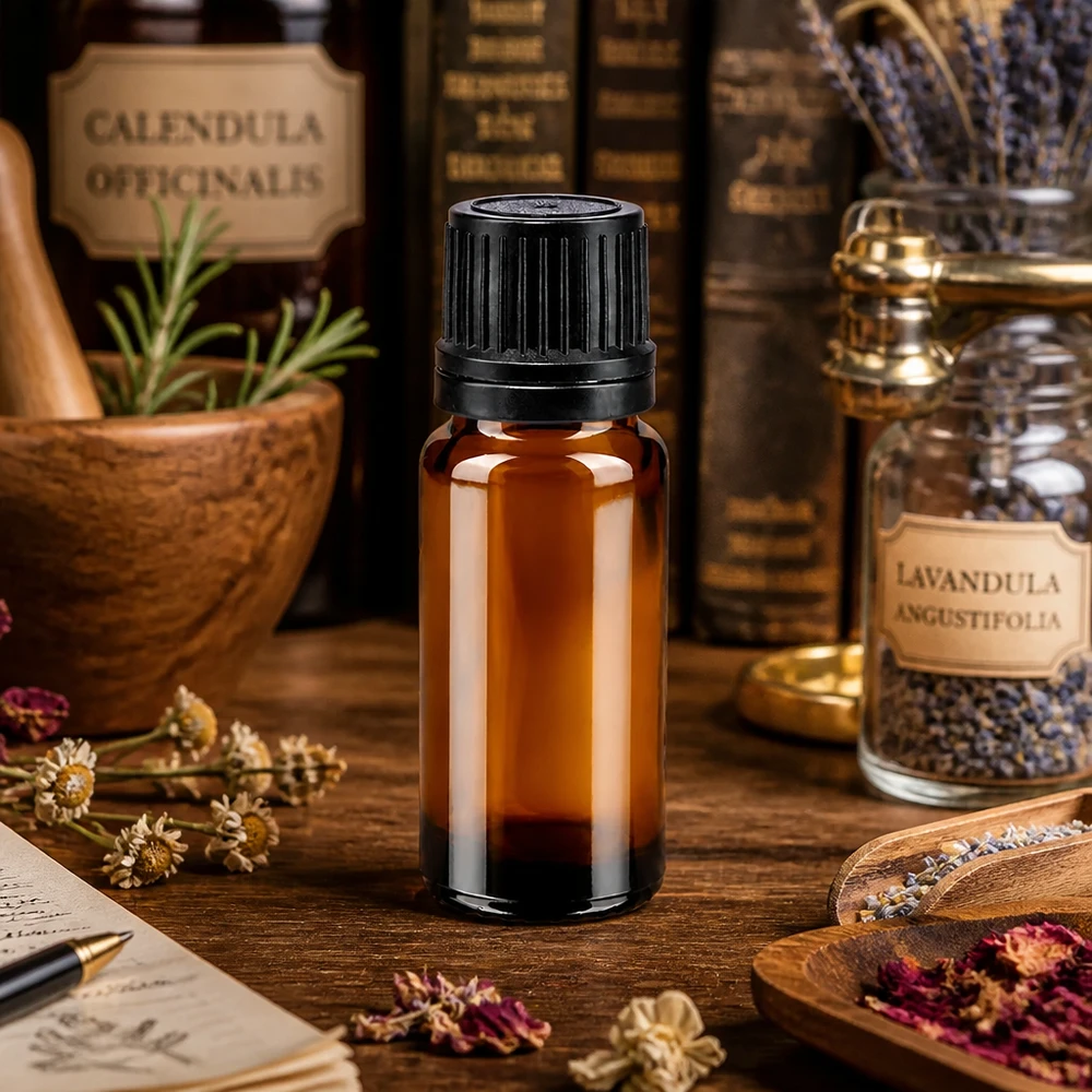Flacon compte-gouttes brun de 10 ml en verre de pharmacie, muni d'un bouchon OV noir, parmi des plantes médicinales