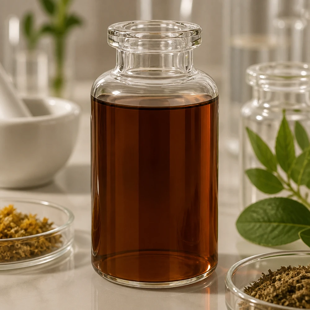 Flacon pour solution injectable, 30 ml en verre clair Injektionsflasche Klarglas 30ml mit dunkelbraunem Pflanzenextrakt in botanischer Laborszene