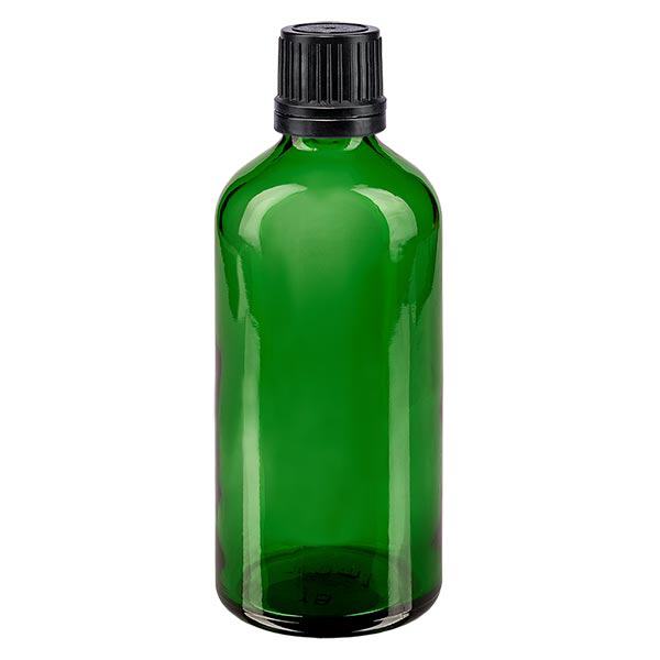 Flacon à pharmacie vert 100ml bouchon à vis noir bague de coulée bouchon d'inviolabilité Flacon à pharmacie vert 100ml bouchon à vis noir bague de coulée bouchon d'inviolabilité