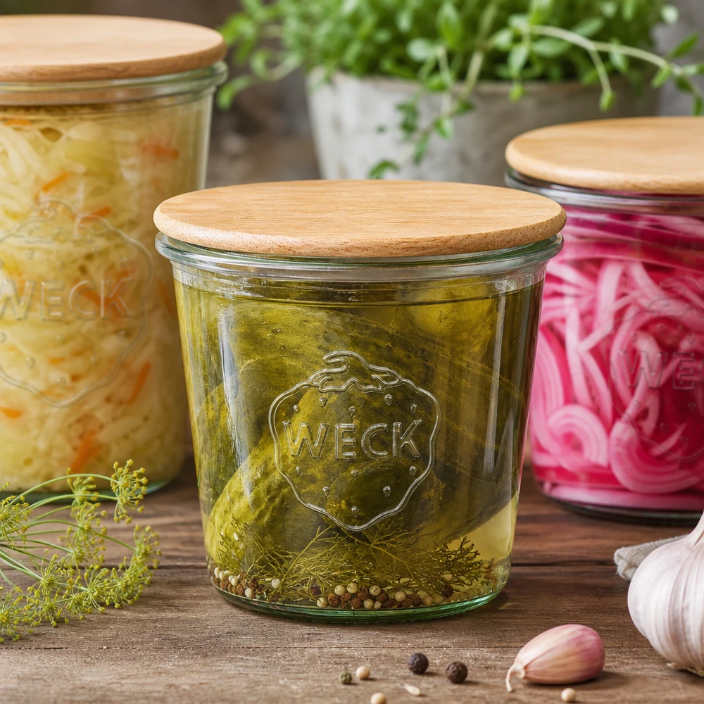 580ml bocal conique WECK RR100 avec couvercle en bois WECK Pot de 580ml avec couvercle en bois rempli de cornichons marinés, scène de cuisine avec des herbes fraîches et de l'ail