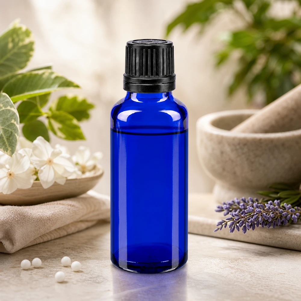 Bouteille de pharmacie bleue 30ml bouchon vissable noir bouchon d'inviolabilité Flacon en verre d'apothicaire bleu cobalt de 30 ml muni d'un bouchon OV noir, à côté d'une lavande et d'un mortier