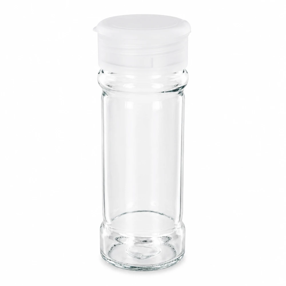 Pot à épices vide de 100 ml en verre transparent avec saupoudreuse en plastique blanc