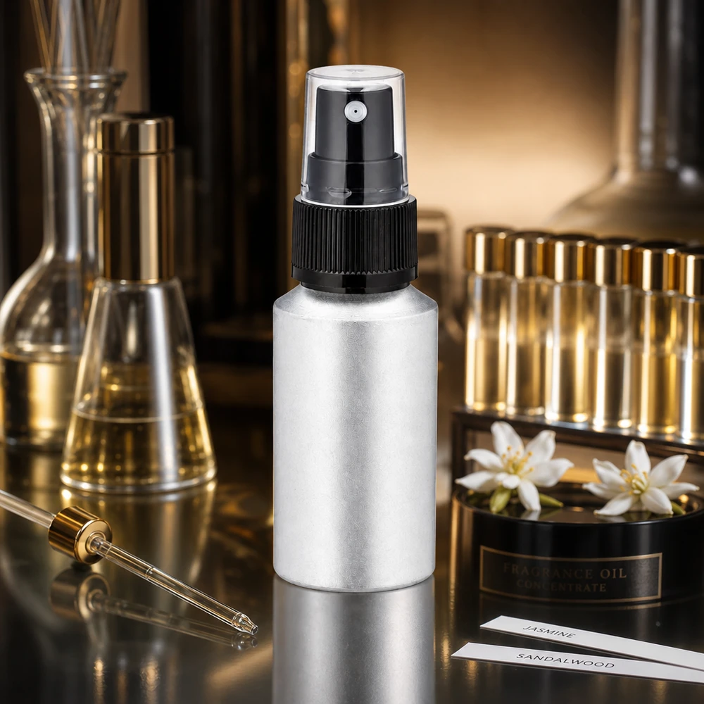 Flacon en aluminium rechargeable de 30 ml avec tête de vaporisation noire, idéal pour les parfums à mélanger soi-même