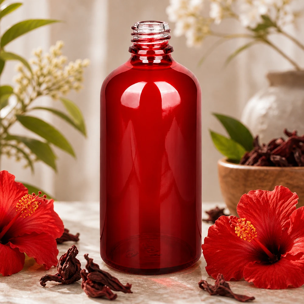 Bouteille en verre rouge RedLine de 100 ml à large ouverture pour un remplissage et un dosage faciles