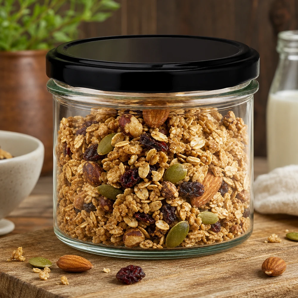 Pot renversé de 225 ml avec couvercle noir rempli de céréales et de noix - conservation pratique des aliments
