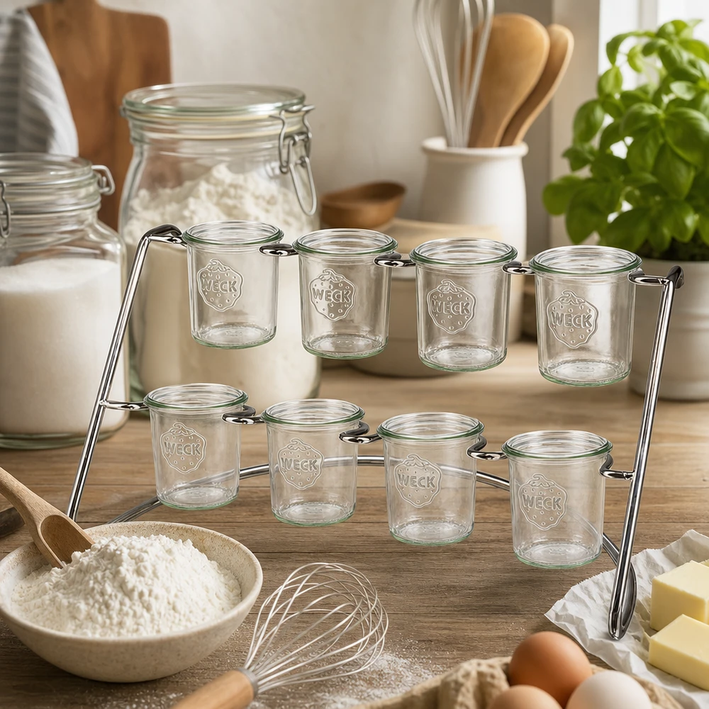 WECK Support de service Flato8 dans une cuisine moderne avec des ingrédients pour la pâtisserie et des bocaux vides pour les épices et les provisions