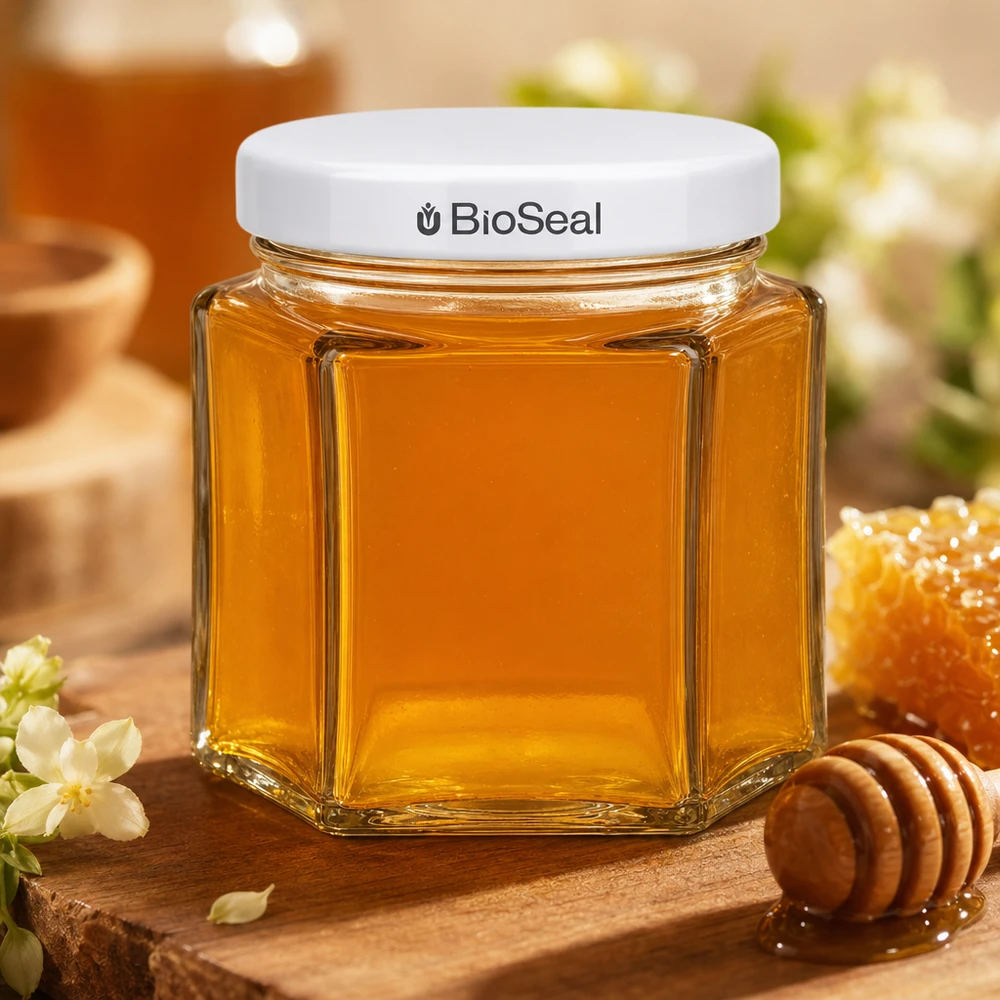 47ml Verre hexagonal avec couvercle BioSeal blanc UNiTWIST