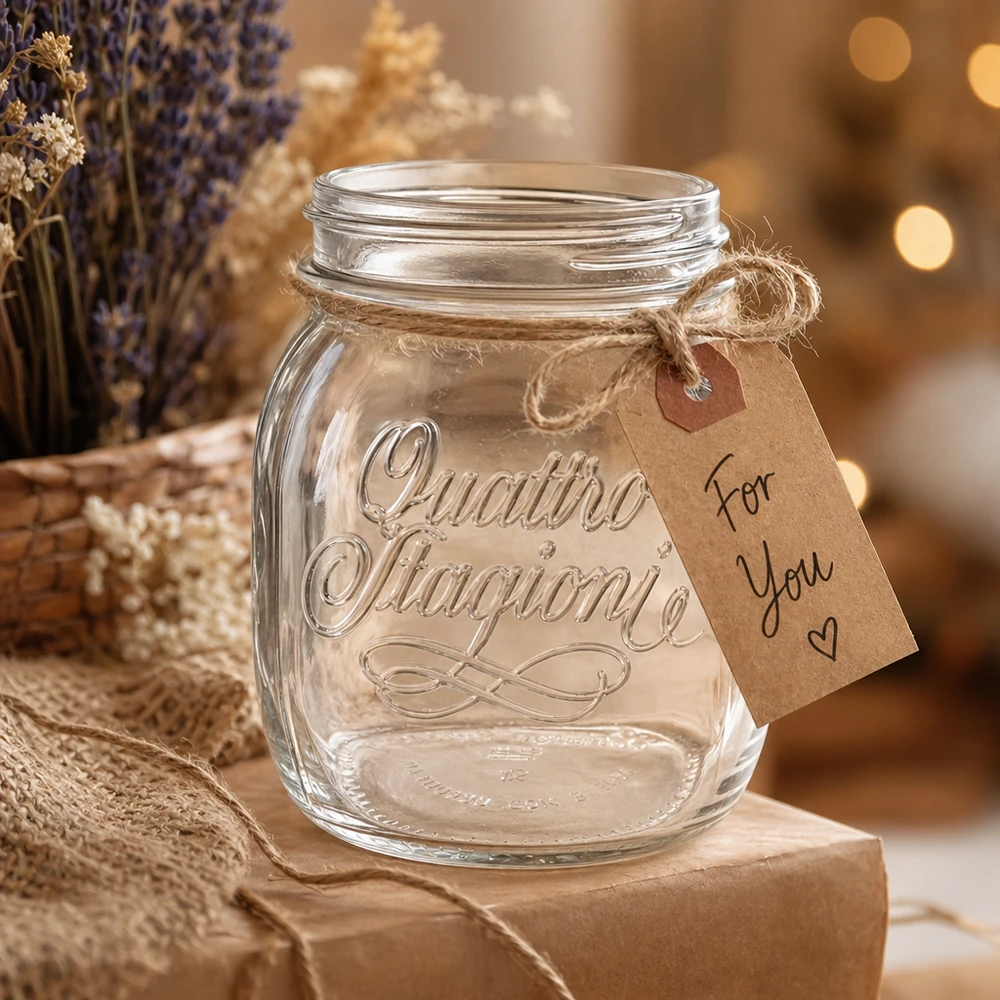 700ml Verre rond "Quattro Stagioni" QS86mm Verre de ménage 700ml Quattro Stagioni avec étiquette cadeau sur table en bois rustique décorée de lavande