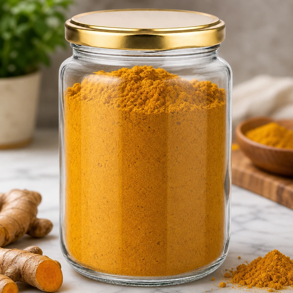 795ml Verre rond avec couvercle BasicSeal or UNiTWIST Bocal rond de 795 ml avec couvercle doré UNiTWIST rempli de poudre de curcuma pour la conservation des épices dans la cuisine
