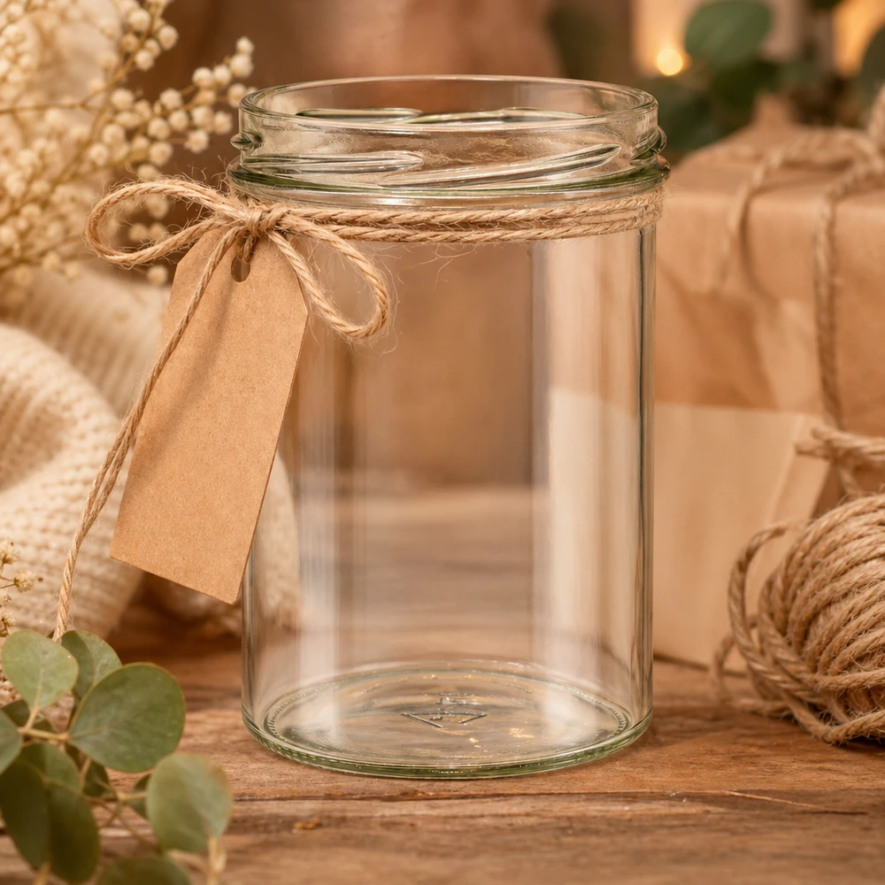 UNiTWIST Sturz435 Pot de conserve 435ml décoratif avec corde de jute et étiquette cadeau sur une table en bois rustique