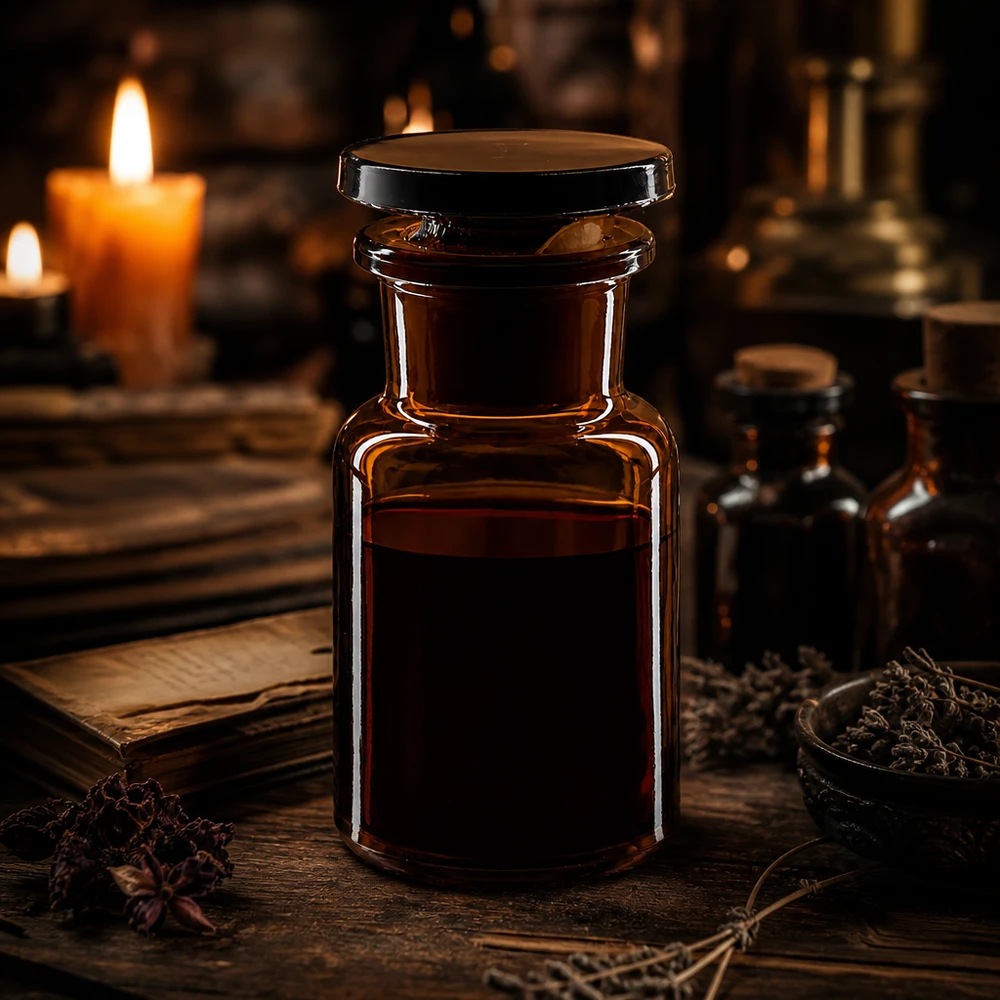 Flacon pharmaceutique 50 ml col large + bouchon verre ambré Flacon opacisé de 50 ml à col large et bouchon en verre, destiné aux teintures et essences sensibles