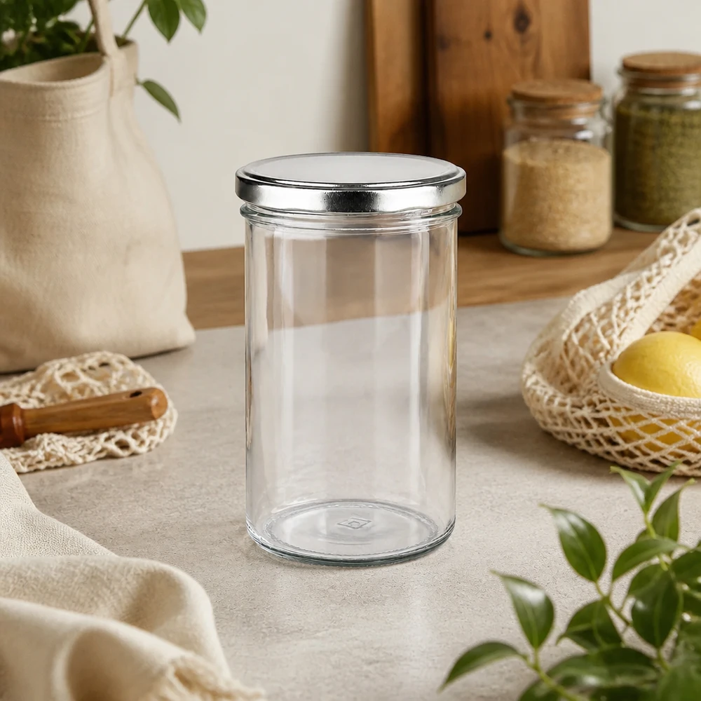 230ml Verre conique avec couvercle BasicSeal argent UNiTWIST Verre renversé de 277 ml avec couvercle BasicSeal argenté dans la cuisine durable Zero-Waste à côté de la vannerie et des bocaux à provisions