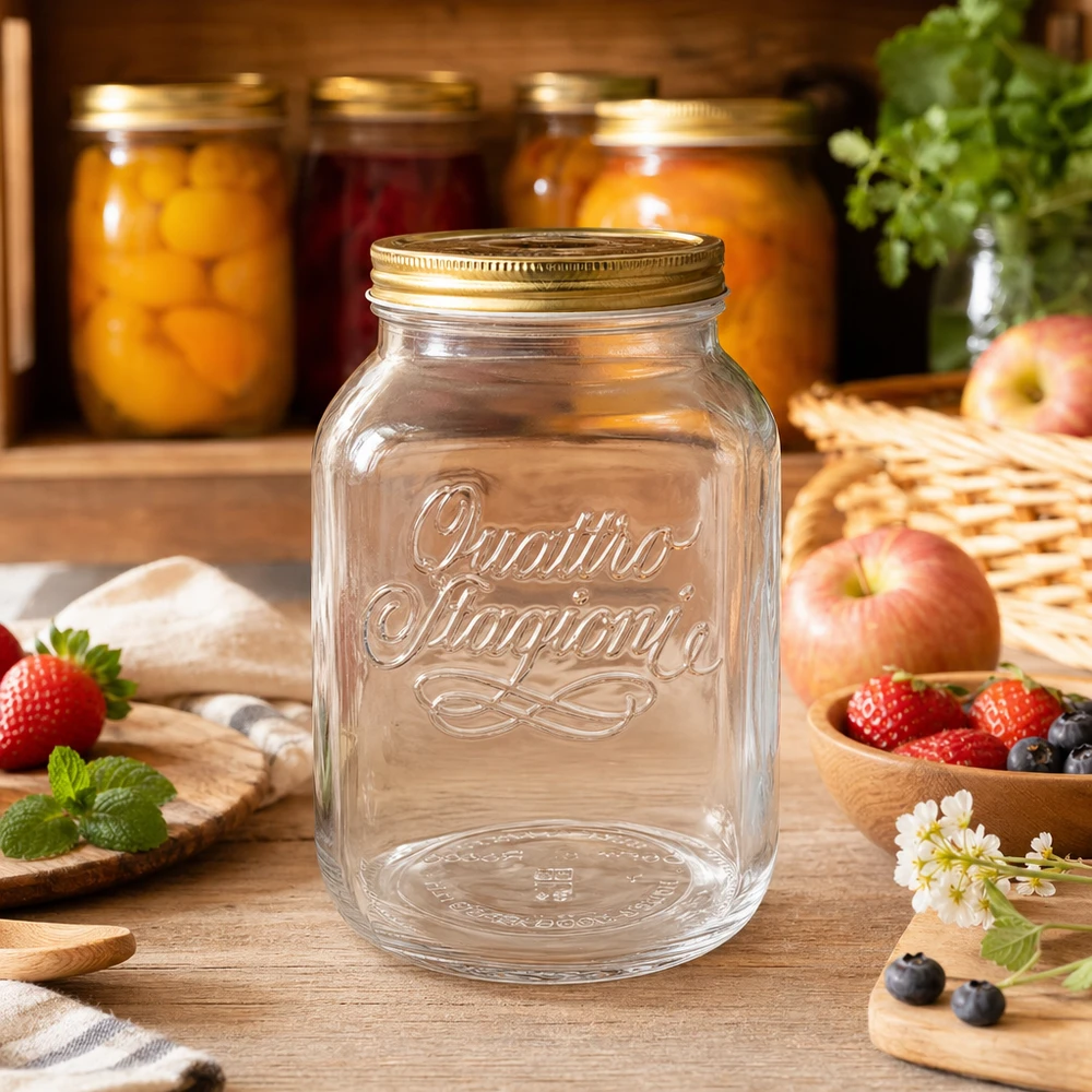 Pot de conserve Quattro Stagioni de 3000 ml dans une cuisine rustique avec des fruits frais et des conserves en arrière-plan