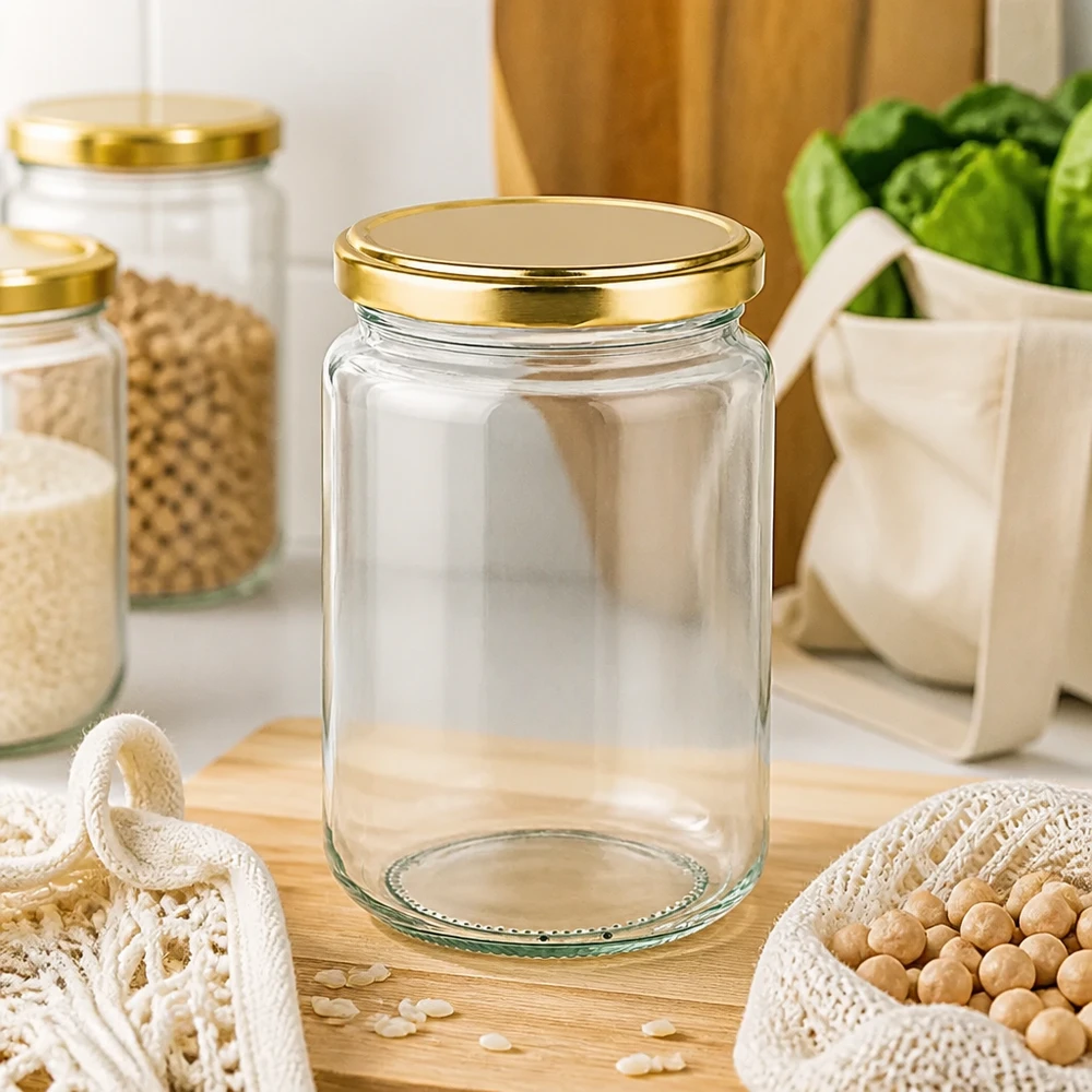 382ml Verre rond avec couvercle BasicSeal or UNiTWIST Elegantes 382ml Rundglas mit goldenem BasicSeal Deckel in moderner Küche mit Hülsenfrüchten und Gemüse