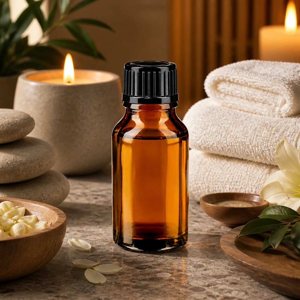 Bouteille en verre brun de 15 ml avec un bouchon à vis noir, posée sur du marbre à côté d'accessoires de bien-être