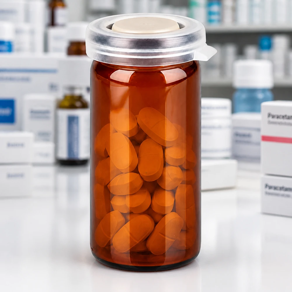 Flacon pharmaceutique en verre brun muni d'un bouchon à encliqueter et contenant des comprimés pelliculés de couleur orange, dans un environnement de pharmacie
