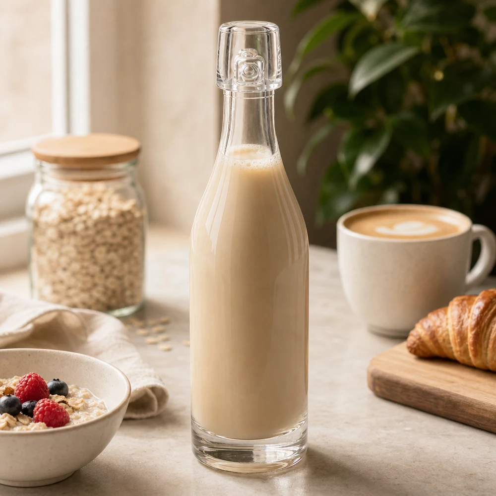 Bouteille en verre de 50 ml UNiTWIST remplie de lait d'avoine entre les ingrédients du petit déjeuner Bol de céréales et croissant Table de cuisine