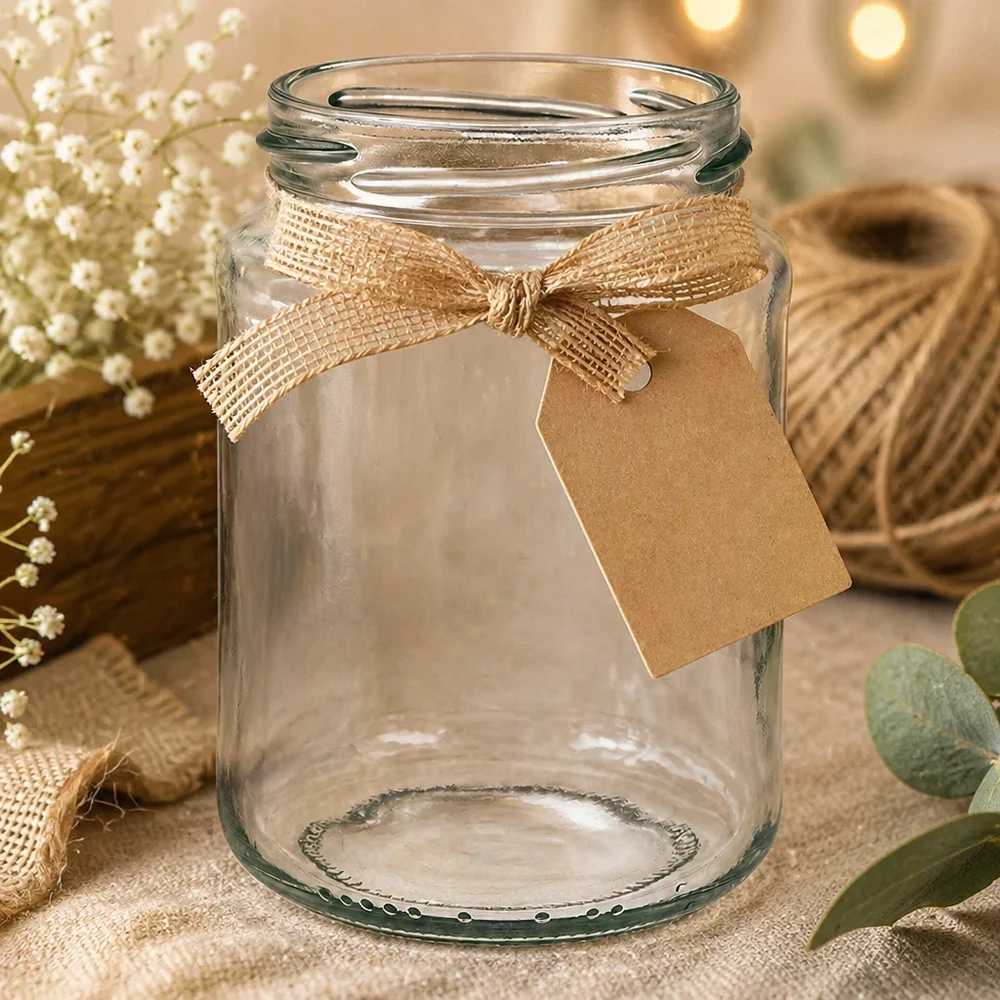 382ml Verre rond sans couvercle (TO66) UNiTWIST Verre rond vide 382ml avec filetage TO66 et ruban brun, décoration rustique avec jute et fleurs