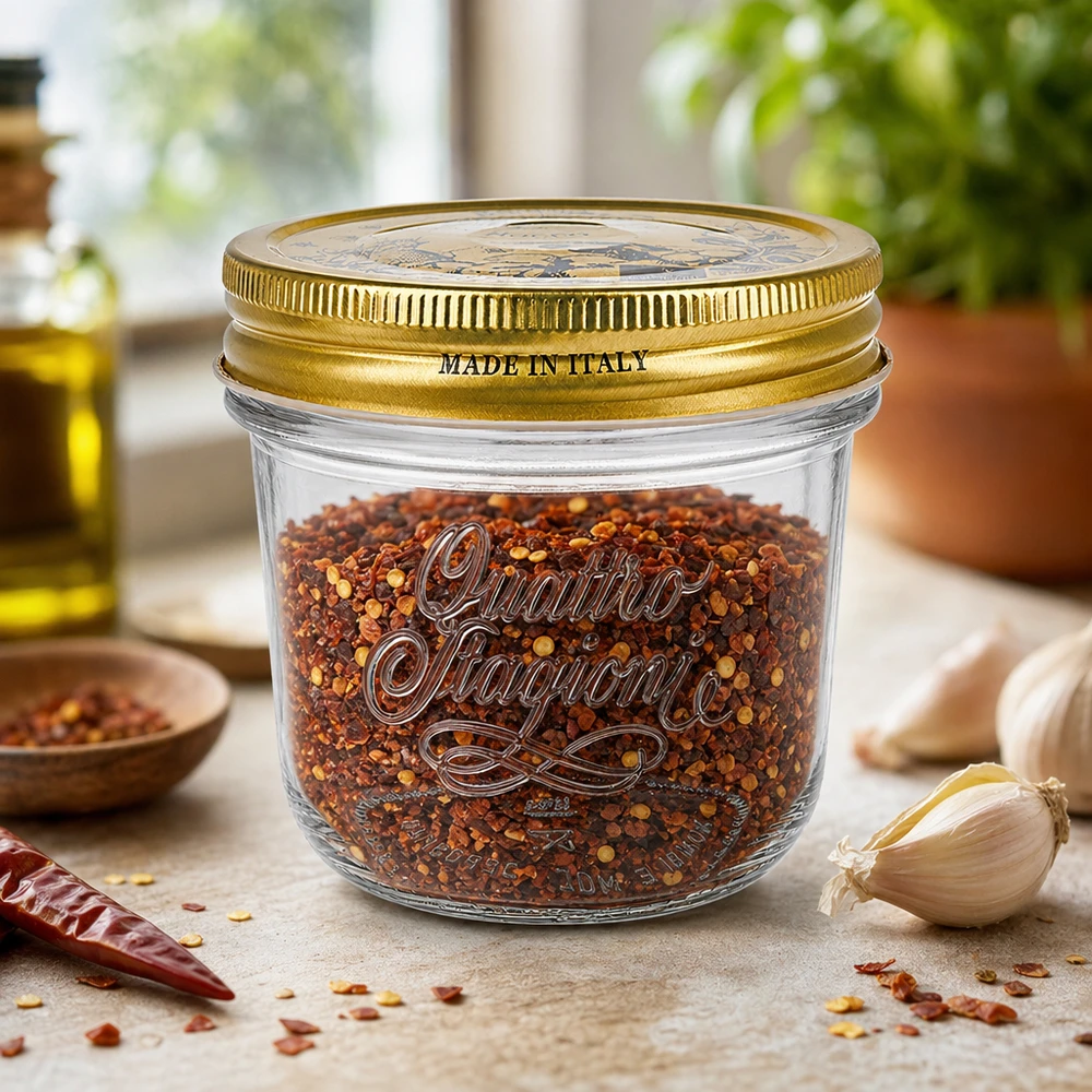 200ml Quattro Stagioni Verre renversé avec couvercle doré rempli de mélange d'épices au piment Made in Italy sur plan de travail de cuisine
