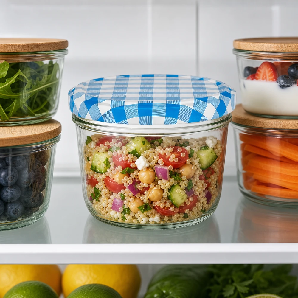 Pot renversé de 230 ml avec couvercle BasicSeal bleu et blanc comme récipient Meal-Prep pour la salade de quinoa au réfrigérateur