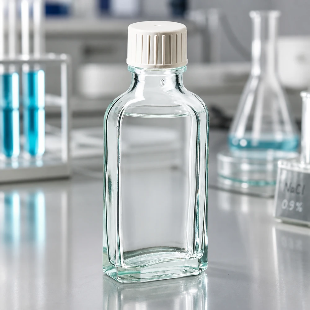 Flacon rectangulaire en verre transparent de 50 ml avec un bouchon blanc strié, posé sur un plan de travail de laboratoire