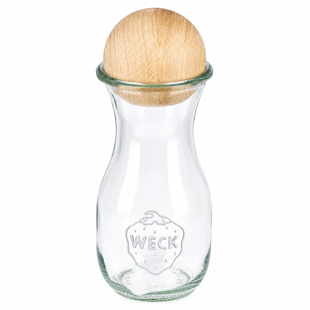 290ml Bouteille à jus de fruits WECK RR60 avec boule en bois en hêtre WECK Bouteille de jus 290ml RR60 en verre avec boule en bois de hêtre comme bouchon, design classique pour les boissons