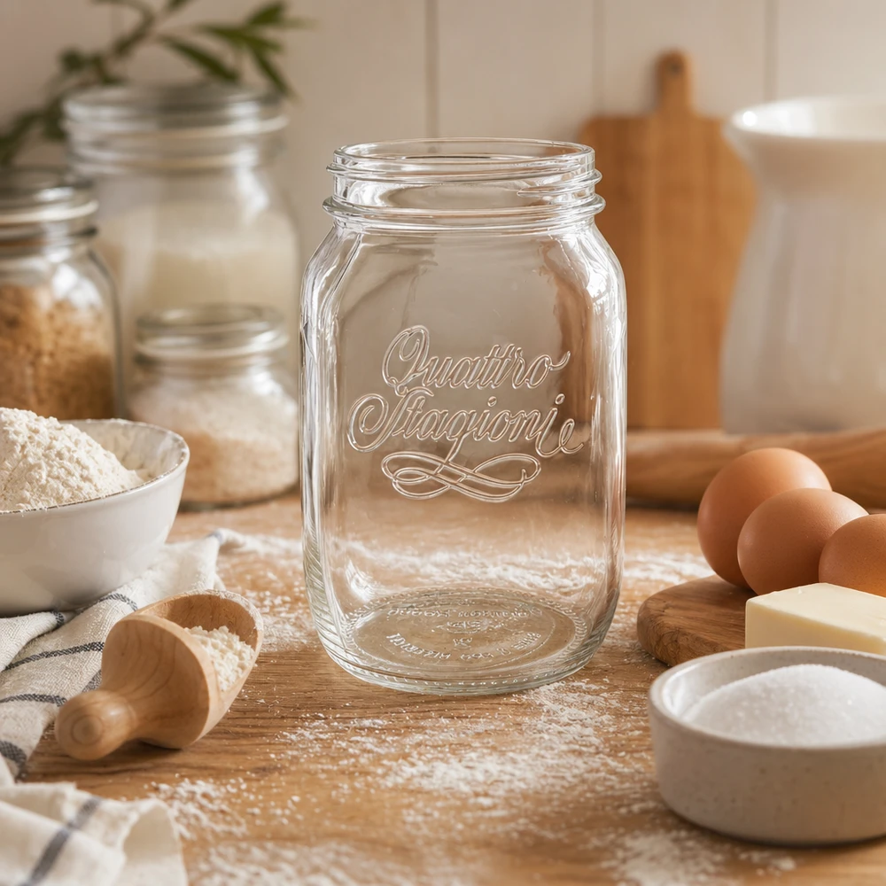 1000ml Quattro Stagioni Verre de ménage vide sur table en bois avec ingrédients de cuisson farine œufs et ustensiles de cuisine