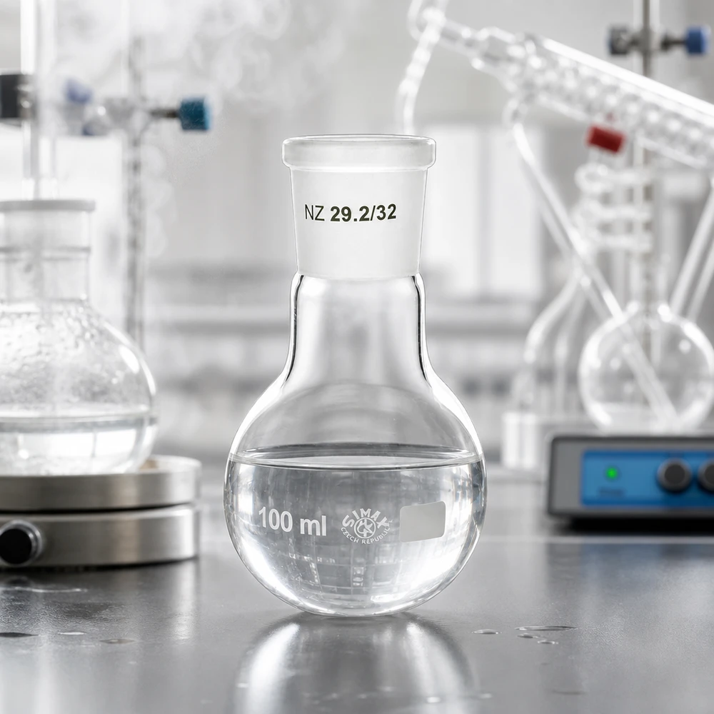 Ballon à fond plat 100 ml à col large, en verre borosilicate avec rodage normalisé 29/32 Fiole de laboratoire graduée 100ml avec marquage du volume et rodage standardisé 29/32