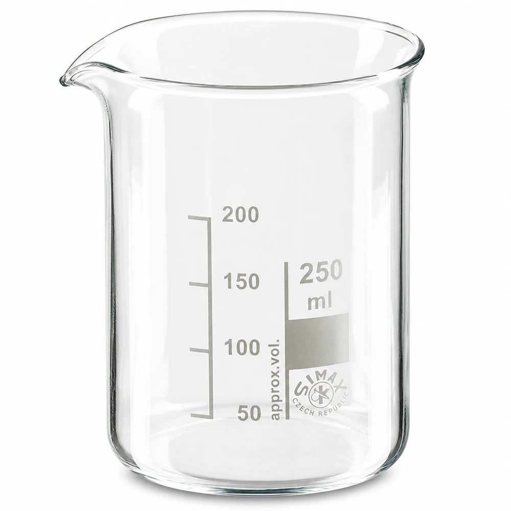 Gobelet de laboratoire 250ml forme basse en verre borosilicaté avec graduation précise en millilitres