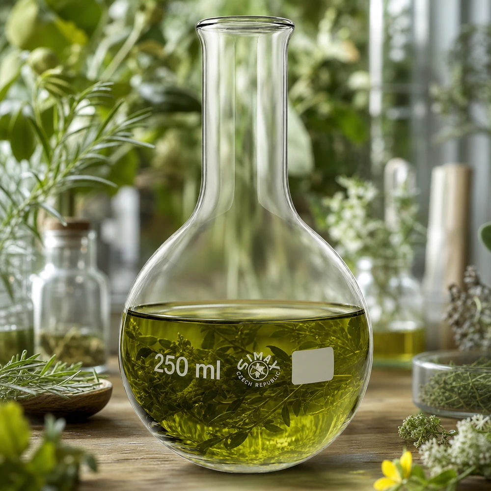 Flacon à col étroit 250ml avec liquide vert doré sur fond végétal vert