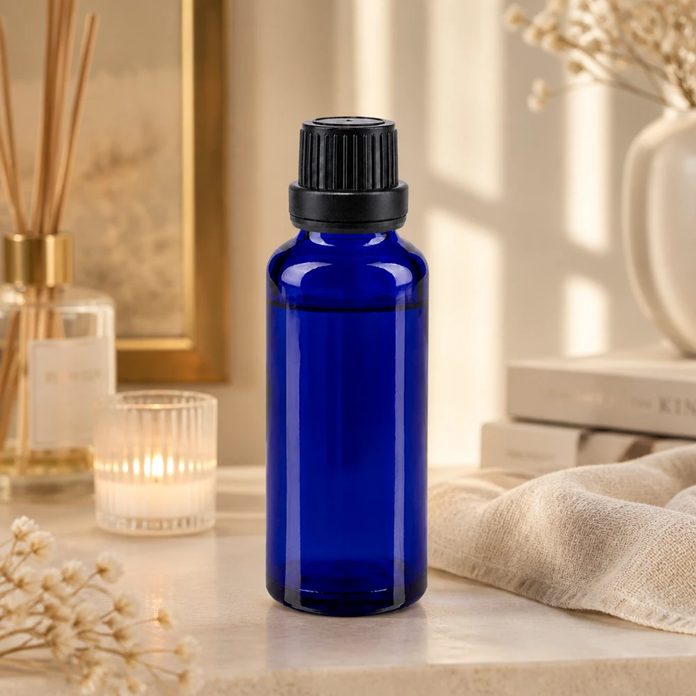 Flacon de pharmacie bleu 30ml bouchon vissable noir bouchon inviolabilité Flacon de 30 ml en verre bleu anti-UV avec bouchon d'inviolabilité noir pour cosmétiques naturels