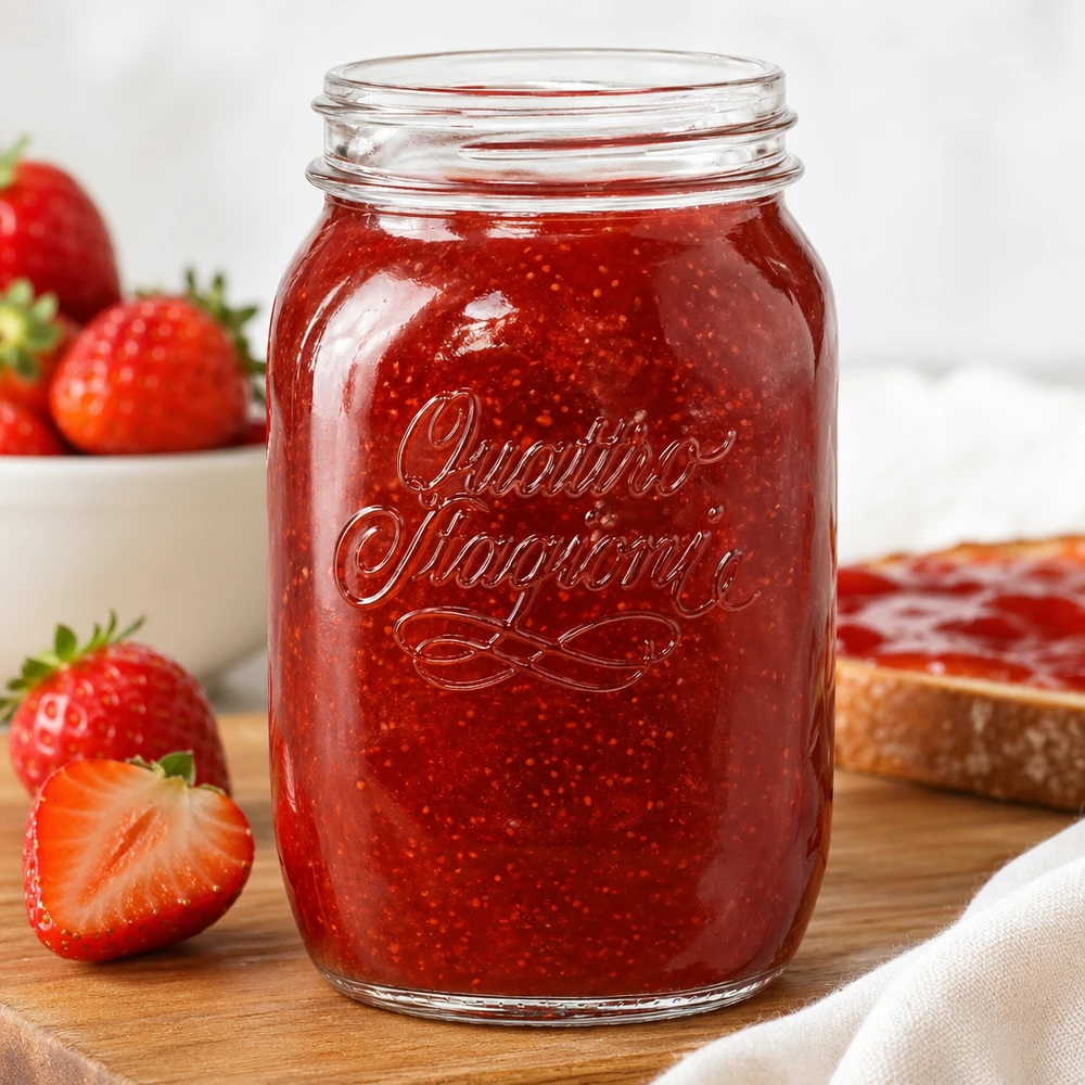 Quattro Stagioni 1000ml pot ménager rempli de confiture de fraises rouges à côté de fraises fraîches sur planche en bois
