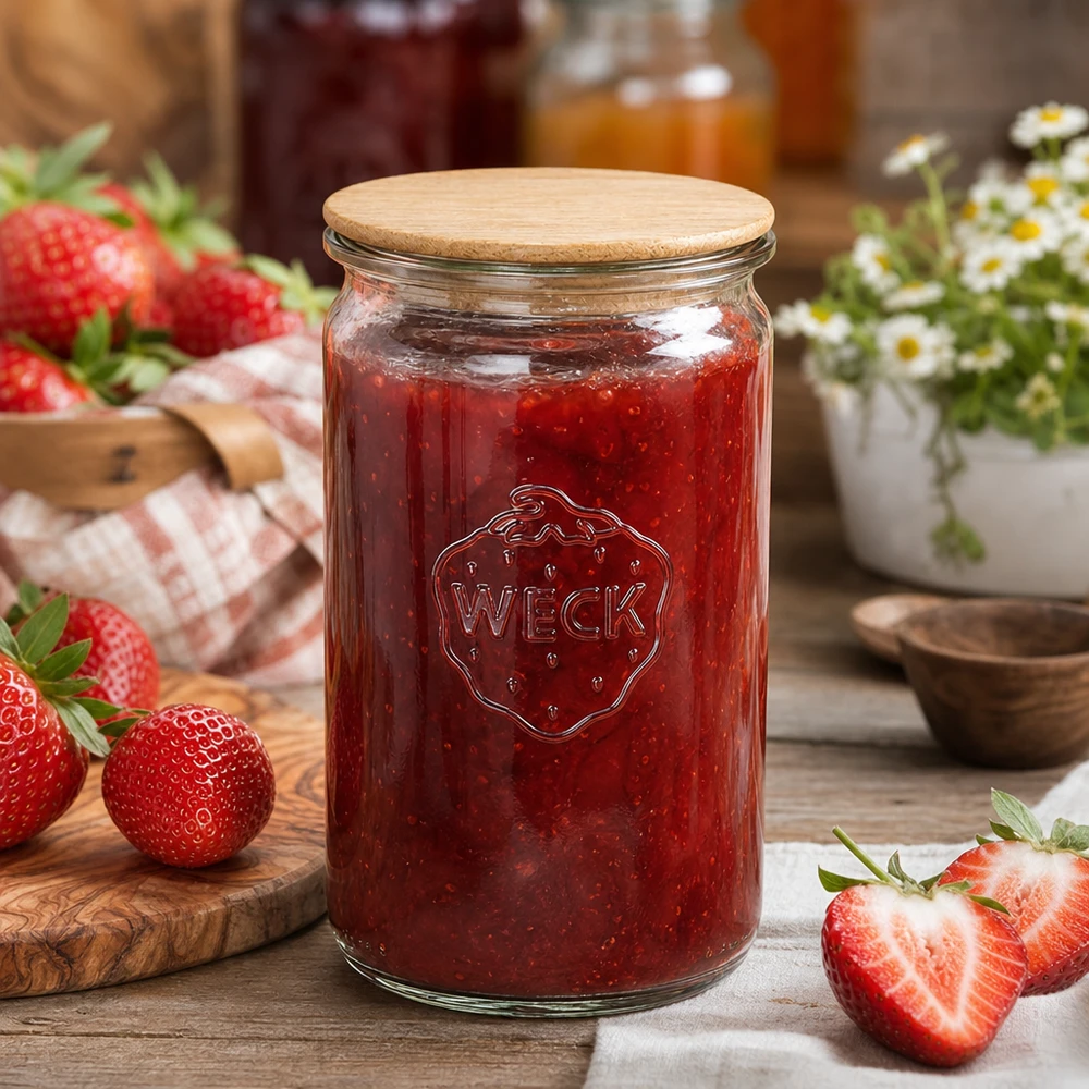 WECK Pot à provisions 340ml rempli de confiture de fraises à côté de fraises fraîches sur une table en bois rustique