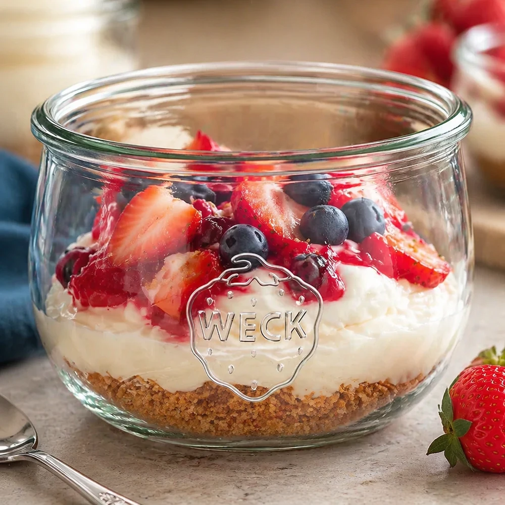 WECK 580ml Pot tulipe RR100 avec dessert stratifié à base de biscuits crème et baies fraîches fraises myrtilles