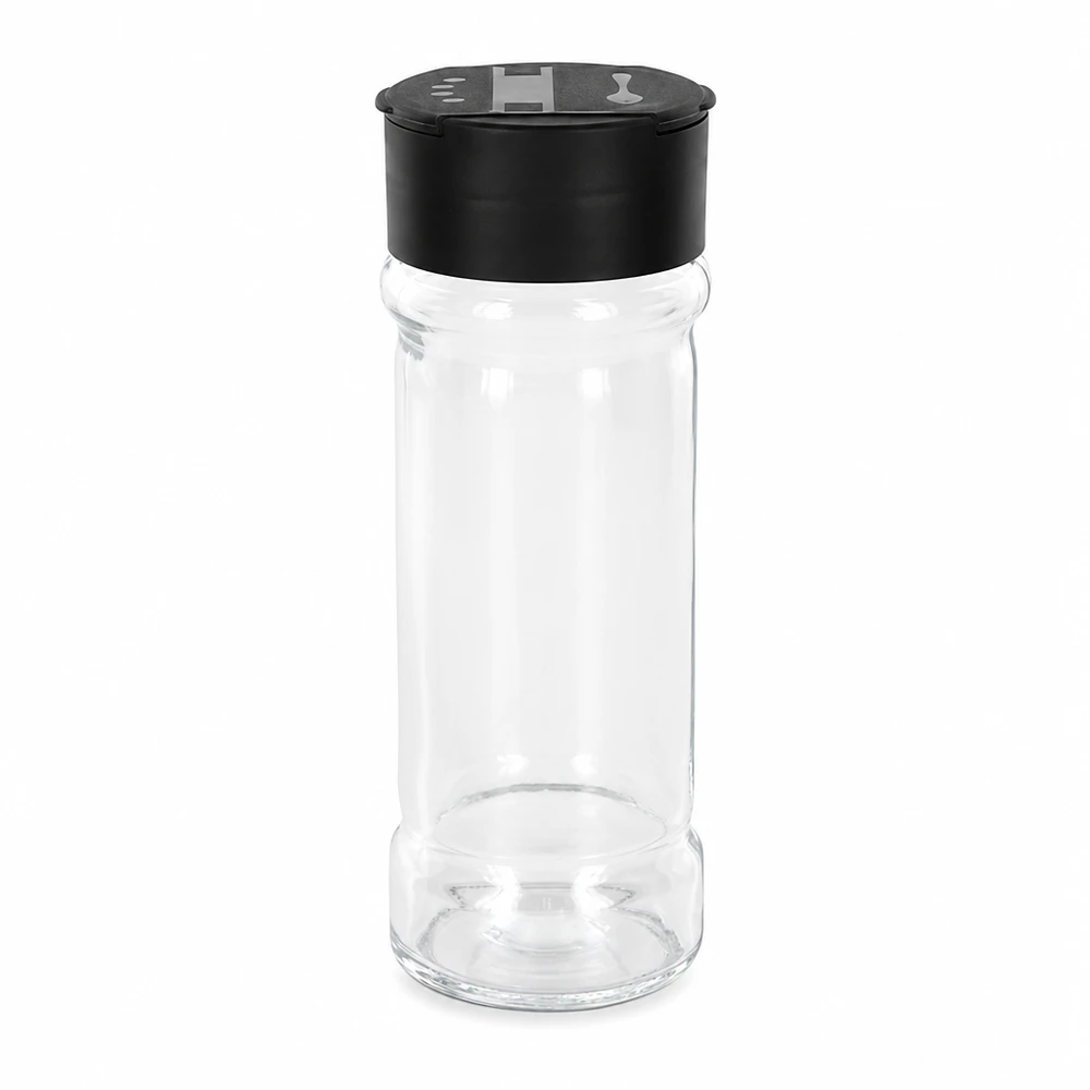 Pot à épices vide de 100 ml en verre transparent avec couvercle noir à double saupoudreuse