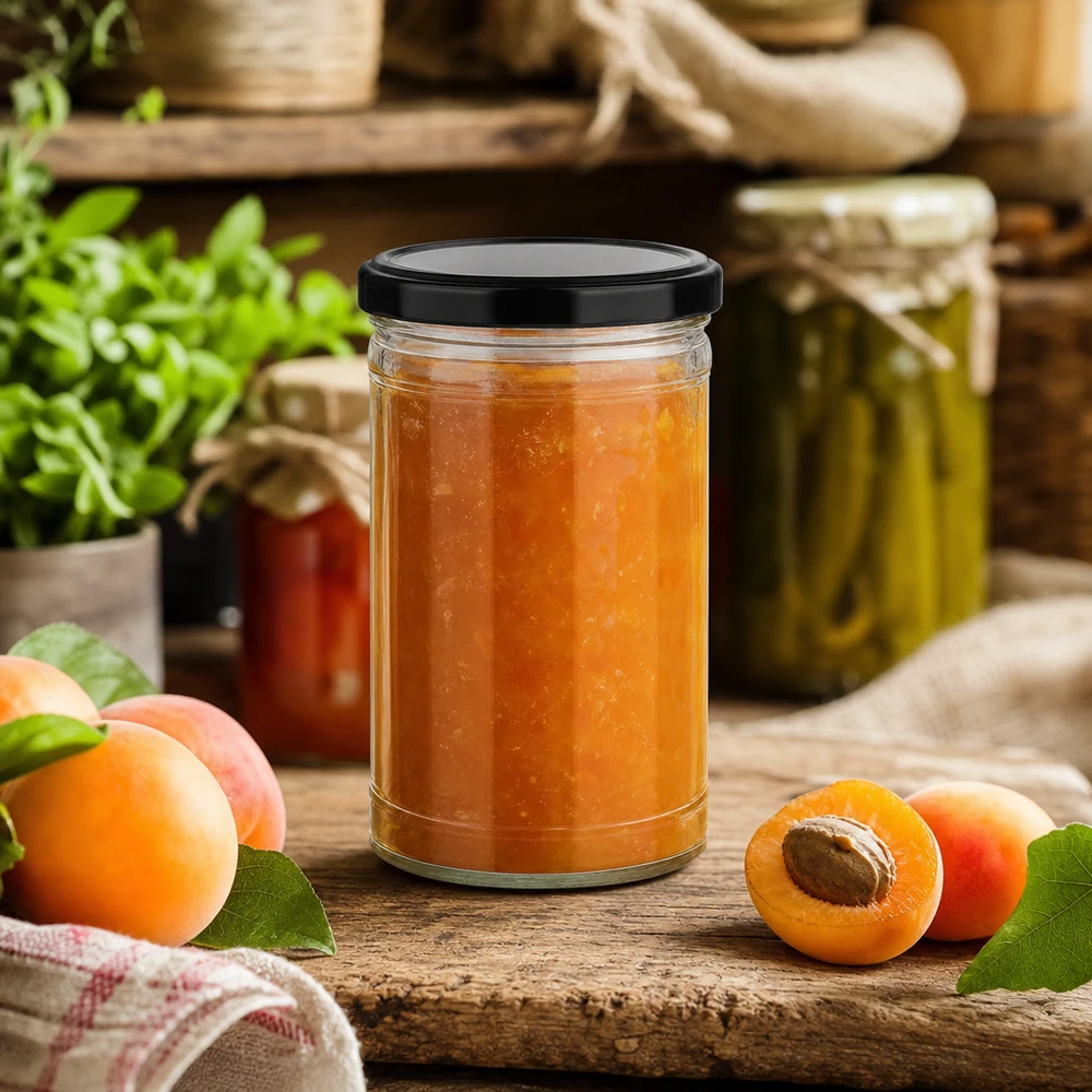 1053ml pot renversé avec couvercle noir rempli de confiture d'abricots dans une cuisine rustique avec des fruits frais
