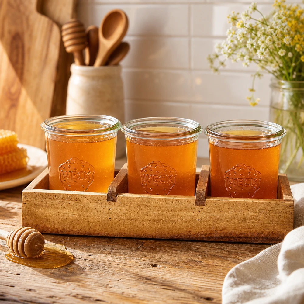 Planche de service Box3 bois d'acacia trois verres WECK miel cuillère à miel décoration de cuisine lumière chaude veinure naturelle du bois