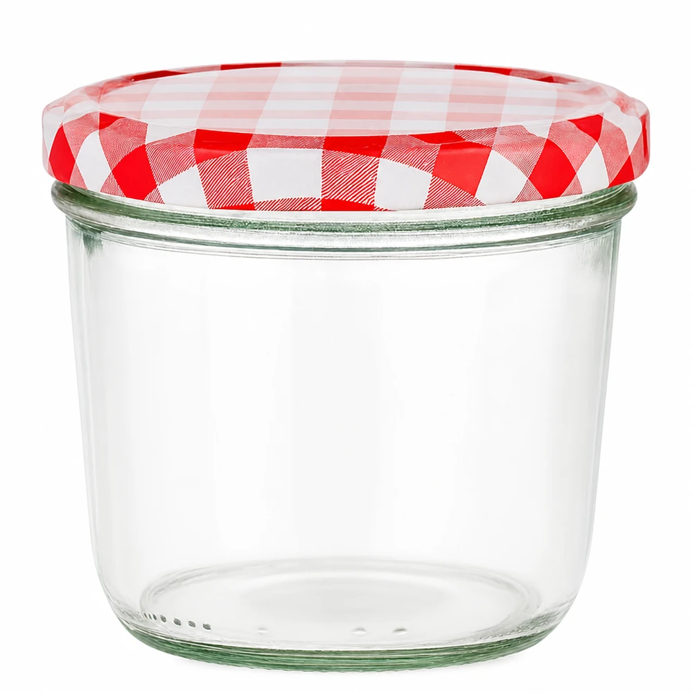 Pot de 230 ml avec couvercle BasicSeal à carreaux rouges et blancs pour confitures et conserves.