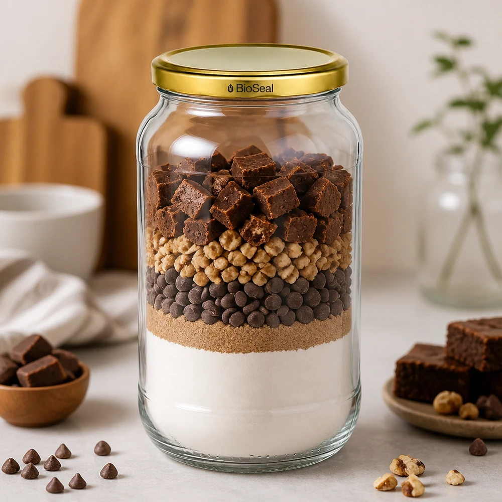 1062ml Verre rond avec couvercle BioSeal or UNiTWIST UNiTWIST Runda1062 Verre stratifié Brownie-Mix Chocolat Noix TO82 BioSeal Couvercle doré Mélange à cuire Jar de réserve