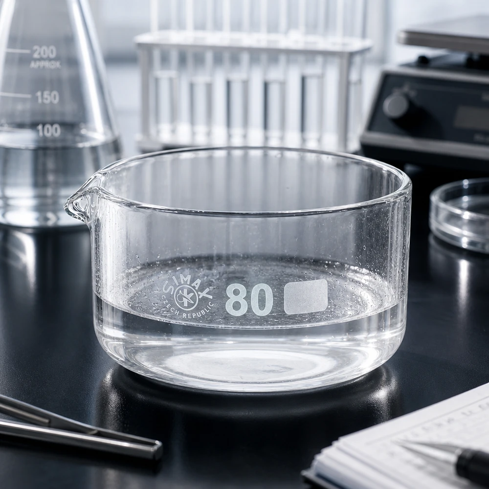 Bol de cristallisation transparent de 150 ml avec bec verseur, posé sur un plan de travail de laboratoire noir de ø80 mm, SIMAX