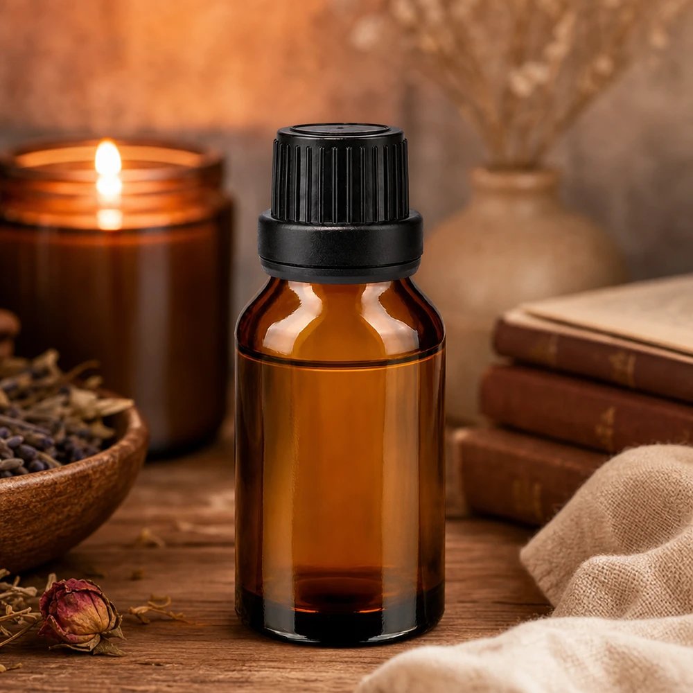 Flacon de pharmacie pour aromathérapie, 15 ml, en verre ambré avec bouchon à vis noir, pour huiles essentielles