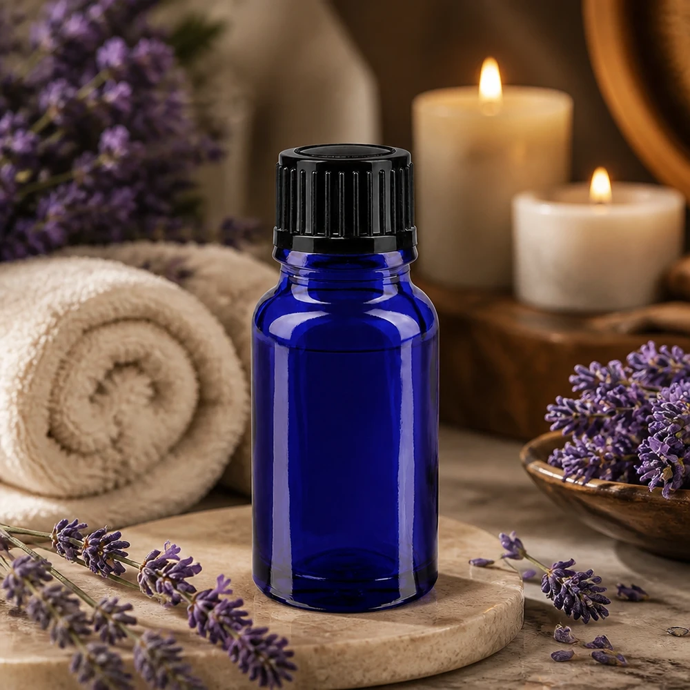 Flacon de pharmacie bleu 10ml, noir 1mm std Flacon en verre bleu de 10 ml avec bouchon doseur noir pour huiles essentielles