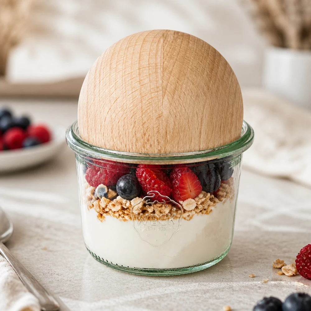 80ml bocal conique WECK RR60 avec boule en bois en hêtre WECK Verre renversé 80ml RR60 avec boule en bois de hêtre remplie de yaourt, granola et baies comme parfait pour le petit déjeuner