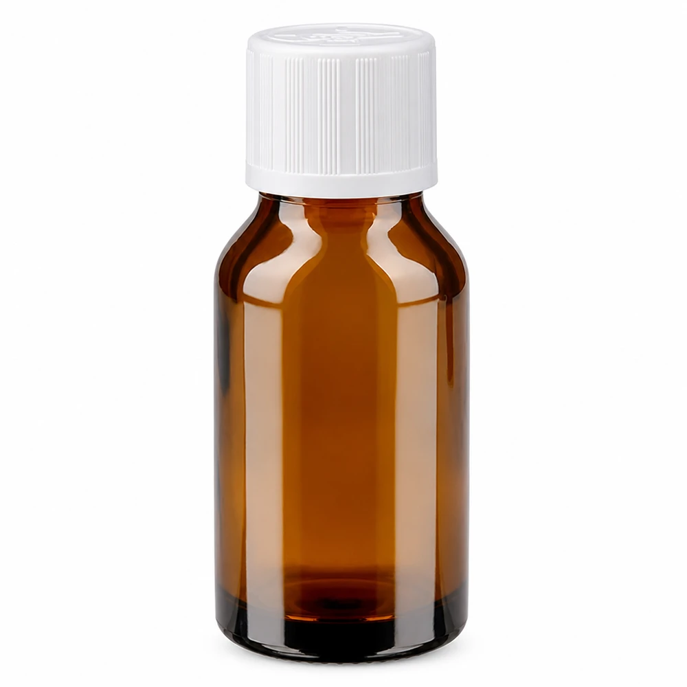 Flacon de pharmacie brun de 15 ml en verre brun, muni d'un bouchon de sécurité blanc pour enfants